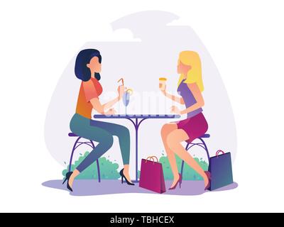 Girls talk in a cafe after shopping - vector Stock Vector