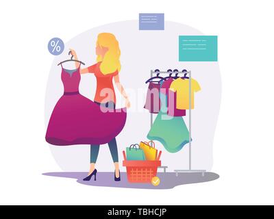 Womens shopping. The girl is trying on a dress Stock Vector