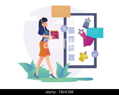 Online Shopping Concept. Happy Woman Shopping. Stock Vector