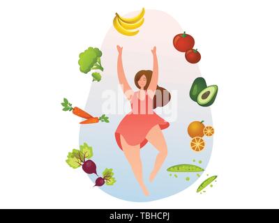 Woman with healthy food, vegetables and fruits. Stock Vector