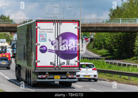 Northampton, UK - May 10th 2019: gist box truck on uk motorway in fast motion. Stock Photo