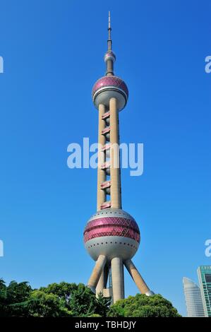 SHANGHAI, CHINA - MAY 28: Oriental Pearl Tower closeup on May 28, 2012 in Shanghai, China. The tower was the tallest structure in China excluding Taiwan from 1994–2007 and the landmark of Shanghai. Stock Photo