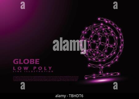 Polygonal Globe - Low poly line style illustration - purple light concept Stock Vector