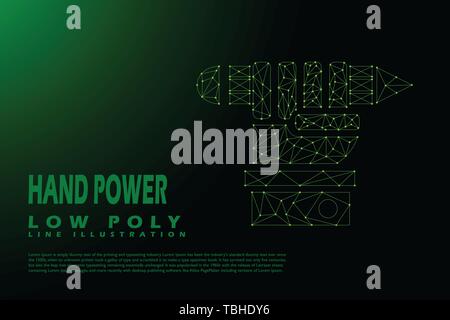 Polygonal Hand power - Low poly line style illustration - green light concept Stock Vector
