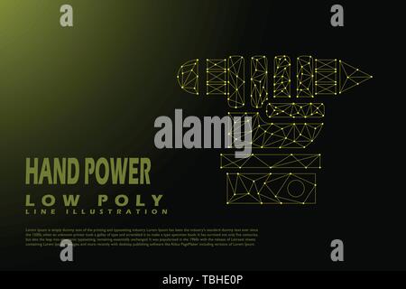 Polygonal Hand power - Low poly line style illustration - Yellow light concept Stock Vector