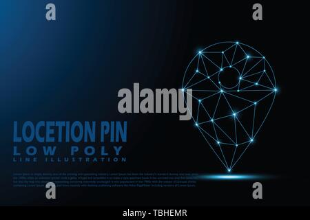 Polygonal Location pin - Low poly line style illustration - blue Light concept Stock Vector