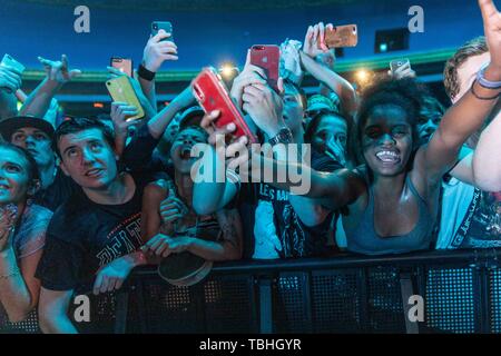 May 31, 2019 - Milwaukee, Wisconsin, U.S - Fans react to Juice Wrld during the Death Race for Love Tour at The Rave (Eagles Ballroom) in Milwaukee, Wisconsin (Credit Image: © Daniel DeSlover/ZUMA Wire) Stock Photo