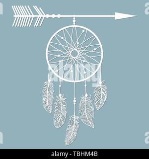 Dream catcher with feathers, laser cut, ritual thing. American boho spirit. Hand drawn sketch vector illustration for tattoos or t-shirt print. Templa Stock Vector
