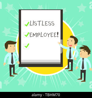 Text sign showing Listless Employee. Business photo text an employee who having no energy and enthusiasm to work Business People Colleagues Discuss Mi Stock Photo