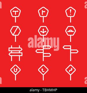 Road sign icons set - Vector on a red background Stock Vector
