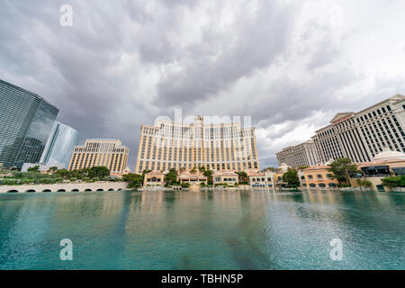 Las Vegas, APR 28: Exterior view of the Bellagio Hotel and Casino with it's fountain on APR 28, 2019 at Las Vegas, Nevada Stock Photo