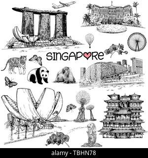 Set of hand drawn sketch style Singapore related objects isolated on white background. Vector illustration. Stock Vector