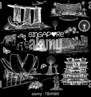 Set of hand drawn sketch style Singapore related objects isolated on black background. Vector illustration. Stock Vector