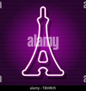Eiffel tower neon sign. Night bright advertisement. Vector illustration in neon style for French vacation, travel agency, architecture Stock Vector