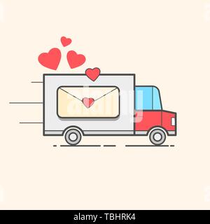 Card Of A Valentine s Day. Red Truck With Hearts. Love - Lettering Quote. Humor Poster, T-shirt Composition, Hand Drawn Style Print. Vector Stock Vector