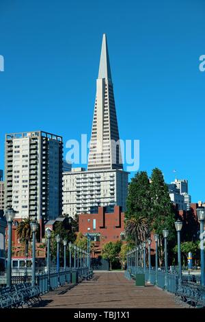 San Francisco, CA - MAY 11: Transamerica Pyramid and pier on May 11, 2014 in San Francisco. It is the tallest building and the famous landmark in San Francisco Stock Photo