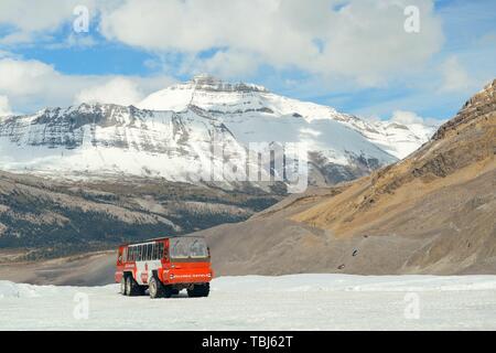 BANFF NATIONAL PARK, CANADA - SEPTEMBER 4: Columbia Icefield with Snow Coach on September 4, 2015 in Banff National Park, Canada. It is the largest ice field in the Rocky Mountains of North America. Stock Photo