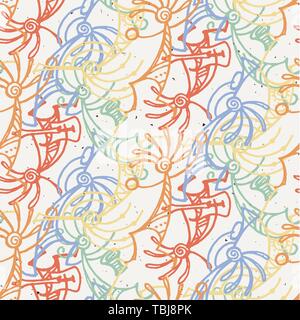 Hand drawn Kokopelli seamless pattern. Stylized mythical characters playing flutes. Stock Vector