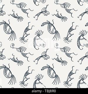 Hand drawn Kokopelli seamless pattern. Stylized mythical characters playing flutes. Stock Vector