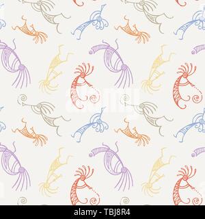 Hand drawn Kokopelli seamless pattern. Stylized mythical characters playing flutes. Stock Vector