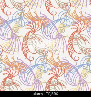 Hand drawn Kokopelli seamless pattern. Stylized mythical characters playing flutes. Stock Vector