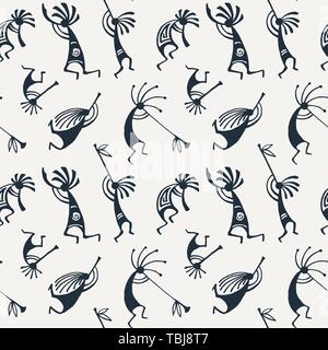 Hand drawn Kokopelli seamless pattern. Stylized mythical characters playing flutes. Stock Vector