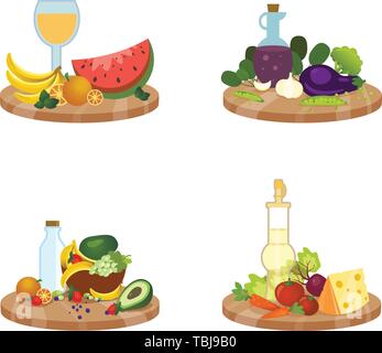 Vector set of dishes with fruits and vegetables, a collection of 4 still life compositions on plates with a bunch of sweet berries, a juicy apple, mil Stock Vector