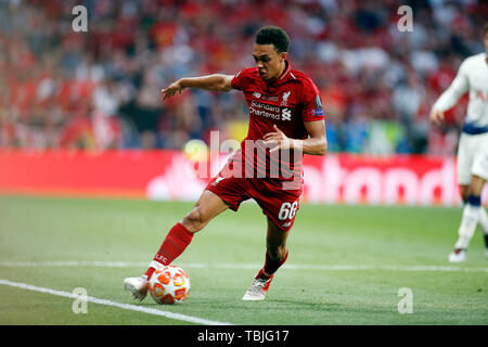 Madrid, Spain. 01st June, 2019. Liverpool's FC Trent Alexander-Arnold seen in action during the Final Round of the UEFA Champions League match between Tottenham Hotspur FC and Liverpool FC at Wanda Metropolitano Stadium in Madrid. Final Score: Tottenham Hotspur FC 0 - 2 Liverpool FC. Credit: SOPA Images Limited/Alamy Live News Stock Photo