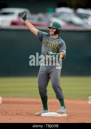 Los Angeles, CA, USA. 01st June, 2019. Baylor Bears catcher (23) Shea Langeliers hits a double during an NCAA regional game between the Baylor Bears and the Omaha Mavericks at Jackie Robinson Stadium in Los Angeles, California. Langeliers hit three homeruns and finished with an NCAA record 11 RBI's in Baylors Victory over Omaha 24-6. (Mandatory Credit: Juan Lainez/MarinMedia.org/Cal Sport Media) Credit: csm/Alamy Live News Stock Photo