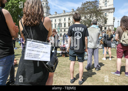 London, UK. 2nd June, 2019. Animal rights activists and supporters meet in Victoria Tower Gardens, before making a short march to Parliament Square for a static display and guest speakers. Penelope Barritt/Alamy Live News Stock Photo