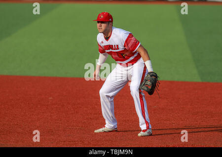 Louisville, KY, USA. 31st May, 2019. Louisville 1B Alex Dee during an NCAA Baseball Regional at Jim Patterson Stadium in Louisville, KY. Kevin Schultz/CSM/Alamy Live News Stock Photo
