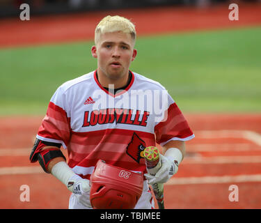 Louisville, KY, USA. 31st May, 2019. Nick Bennett of the Louisville  Cardinals celebrates a strikeout to end an inning in an NCAA Baseball  Regional at Jim Patterson Stadium in Louisville, KY. Kevin