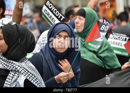 London, UK. 2nd June 2019.  The annual Al Quds Day London protest march and rally, a demonstration supporting the Palestinian people. A smaller counter demonstration by Israel supporters also takes place. Stock Photo