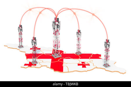 Mobile communications in Georgia, cell towers on the map. 3D rendering isolated on white background Stock Photo