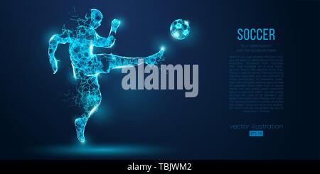 Abstract soccer player, footballer from particles on blue background. All elements on a separate layers, color can be changed to any other. Low poly n Stock Vector