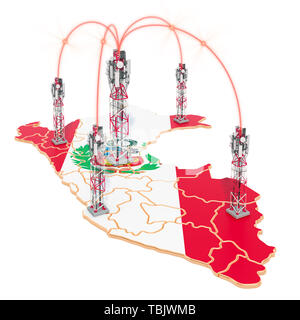 Mobile communications in Peru, cell towers on the map. 3D rendering isolated on white background Stock Photo