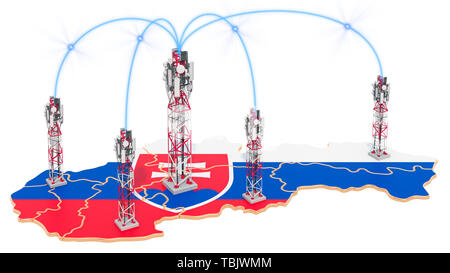Mobile communications in Slovakia, cell towers on the map. 3D rendering isolated on white background Stock Photo