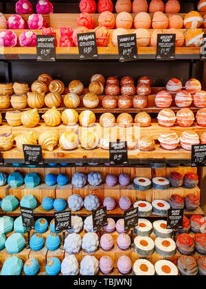 LEEDS, UK - JUNE 1ST 2019: Lush in Leeds city centre selling a variety of very colourful bath bombs Stock Photo