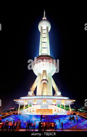SHANGHAI, CHINA - MAY 28: Oriental Pearl Tower closeup on May 28, 2012 in Shanghai, China. The tower was the tallest structure in China excluding Taiwan from 1994–2007 and the landmark of Shanghai. Stock Photo