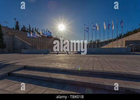 ATHENS GREECE - OCTOBER 25 2018: Panathinaiko Stadium with Greece and Olympic flags Stock Photo