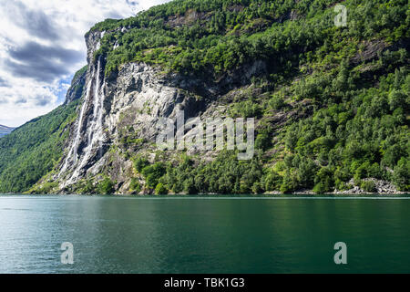 Spectacular Seven Sisters waterfall over Geiranger Fjord, UNESCO World Heritage Site, Sunnmore, More og Romsdal, Norway Stock Photo