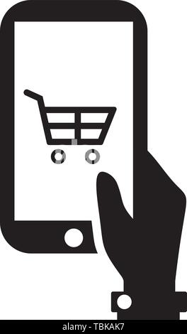 Hand holding mobile - online shopping icon vector black Stock Vector
