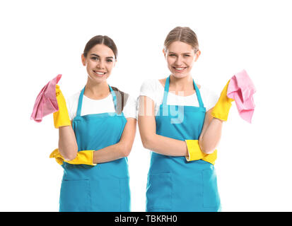 Team of janitors on white background Stock Photo