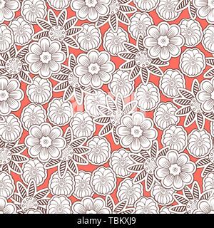 Doodle flowers seamless pattern, outline floral background. Brown white flower bud on coral backdrop, hand drawing, monochrome ornament for fabric des Stock Vector