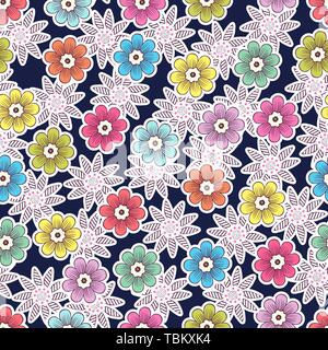 Doodle flowers seamless pattern, colorful floral background. Multicolor buds with white stroke on dark blue backdrop, hand drawing, ornament for fabri Stock Vector