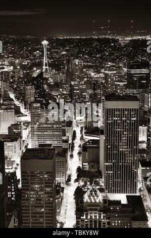 Seattle rooftop panorama view with urban architecture at night. Stock Photo