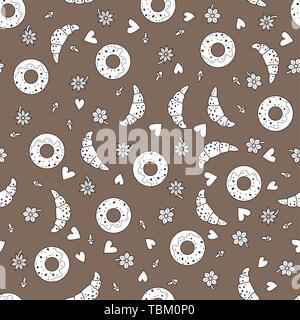 Doodle croissants and donuts. Seamless pattern background. Baking vector illustration. Vanilla and cloves. Stock Vector