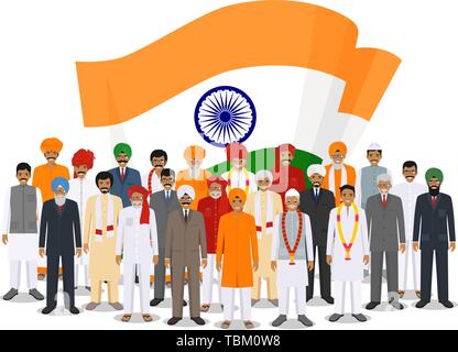 Social concept. Group indian adult and senior people standing together in different traditional national clothes on background with flag in flat style Stock Vector