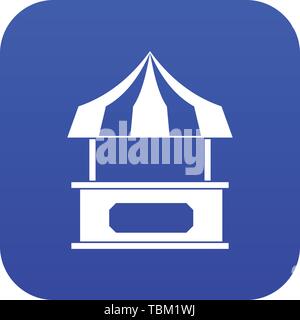 Store kiosk with striped awning icon digital blue Stock Vector