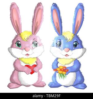 Couple of cute cartoon bunnies boy with a bouquet of flowers and a girl with a heart isolated on white background Stock Vector